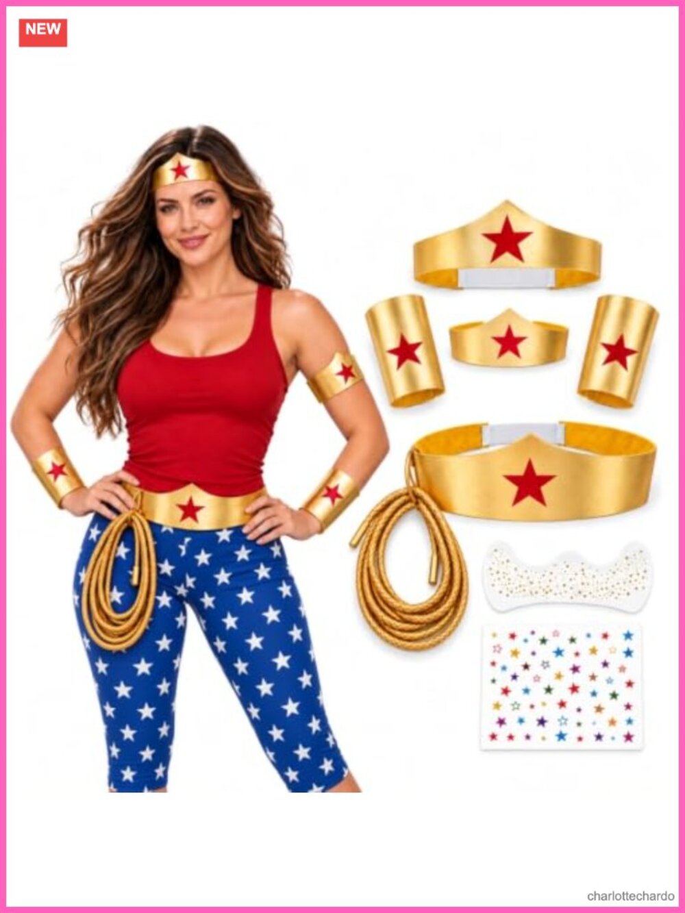 8PC Womens Hero Costume Accessory Set | Gold Tiara, Wrist Bands, Belt, 3M